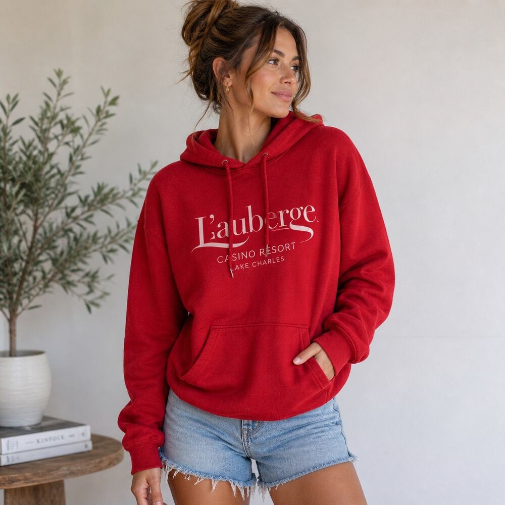 L’Auberge Red Graphic Hoodie Pullover Long Sleeve Pocket Sz M
